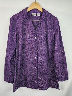 Chico's Women's Shirt Size 1 Medium Purple Sheer Long Sleeve Button Down Top
